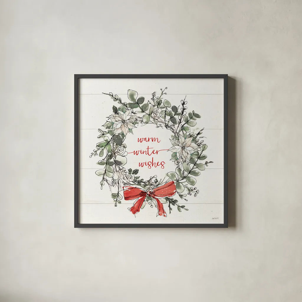 Modern Farmhouse VII Christmas White by Anne Tavoletti. Shown in a sleek black glass frame for a contemporary gallery look. Available as an archival giclee rolled canvas, fine art paper, or poster print. SKU 67998a.