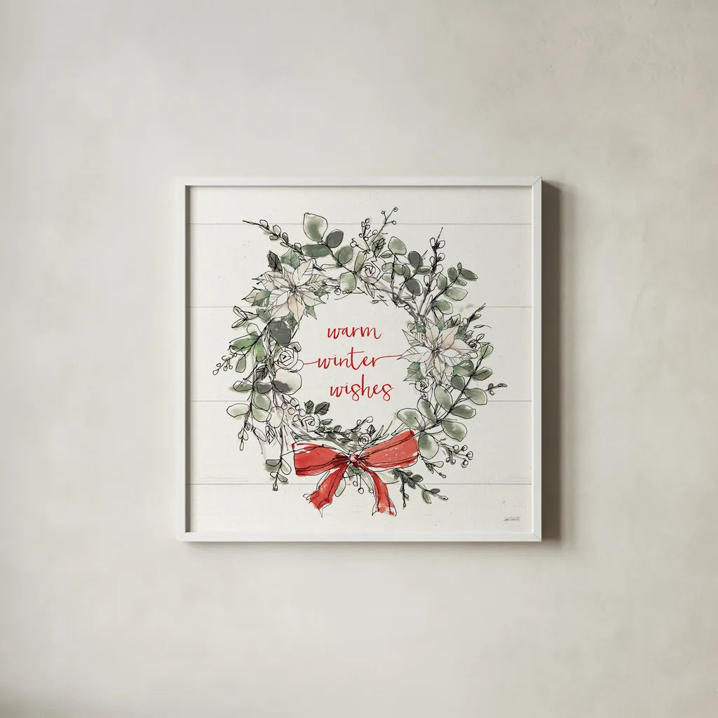 Modern Farmhouse VII Christmas White by Anne Tavoletti. Shown in a crisp white glass frame for a clean and minimalist style. Available as an archival giclee rolled canvas, fine art paper, or poster print. SKU 67998a.