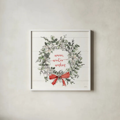 Modern Farmhouse VII Christmas White by Anne Tavoletti. Shown in a crisp white glass frame for a clean and minimalist style. Available as an archival giclee rolled canvas, fine art paper, or poster print. SKU 67998a.