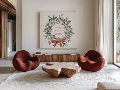 Modern Farmhouse VII Christmas White by Anne Tavoletti. Shown as extra-large giant wall art in a modern living room. Available as an archival giclee rolled canvas, fine art paper, or poster print. SKU 67998a.