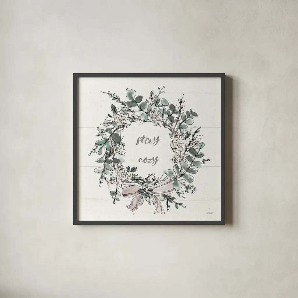Modern Farmhouse VII Stay Cozy by Anne Tavoletti. Shown in a sleek black glass frame for a contemporary gallery look. Available as an archival giclee rolled canvas, fine art paper, or poster print. SKU 49234a.