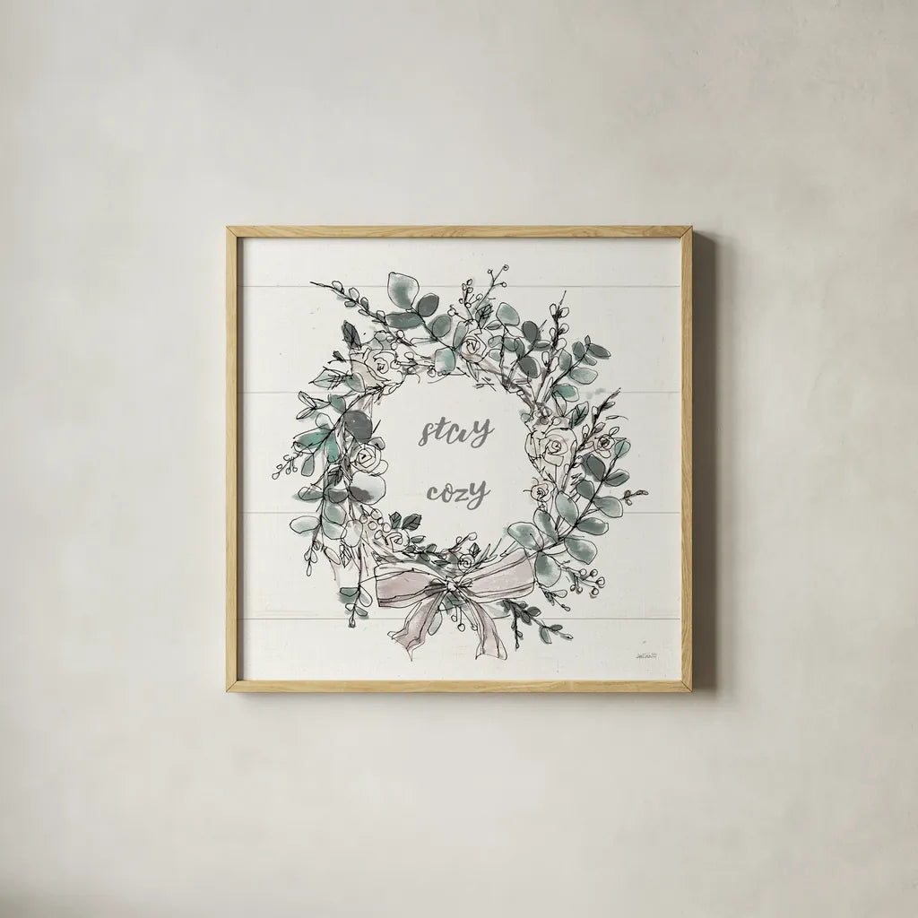 Modern Farmhouse VII Stay Cozy by Anne Tavoletti. Shown in a natural wood glass frame for a timeless modern aesthetic. Available as an archival giclee rolled canvas, fine art paper, or poster print. SKU 49234a.