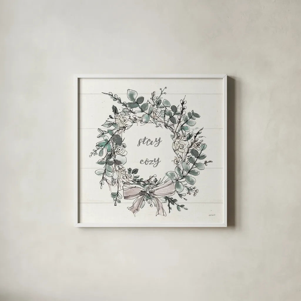 Modern Farmhouse VII Stay Cozy by Anne Tavoletti. Shown in a crisp white glass frame for a clean and minimalist style. Available as an archival giclee rolled canvas, fine art paper, or poster print. SKU 49234a.