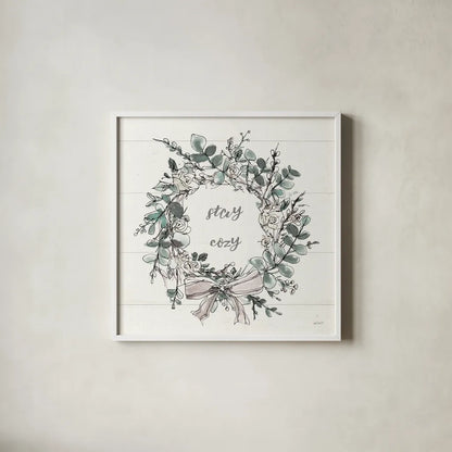 Modern Farmhouse VII Stay Cozy by Anne Tavoletti. Shown in a crisp white glass frame for a clean and minimalist style. Available as an archival giclee rolled canvas, fine art paper, or poster print. SKU 49234a.