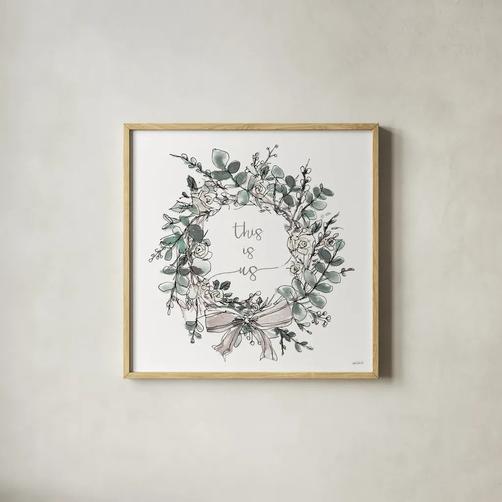 Modern Farmhouse VII on White by Anne Tavoletti. Shown in a natural wood glass frame for a timeless modern aesthetic. Available as an archival giclee rolled canvas, fine art paper, or poster print. SKU 49966a.