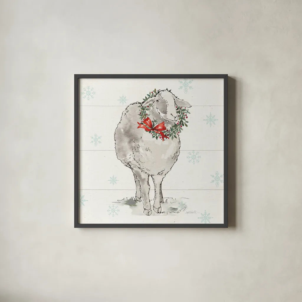 Modern Farmhouse XI Christmas Sq by Anne Tavoletti. Shown in a sleek black glass frame for a contemporary gallery look. Available as an archival giclee rolled canvas, fine art paper, or poster print. SKU 65326a.
