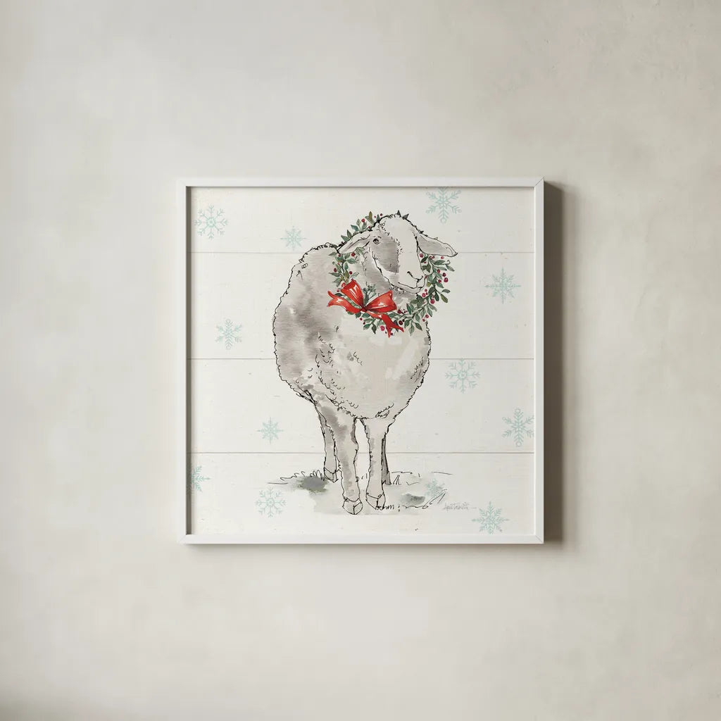 Modern Farmhouse XI Christmas Sq by Anne Tavoletti. Shown in a crisp white glass frame for a clean and minimalist style. Available as an archival giclee rolled canvas, fine art paper, or poster print. SKU 65326a.