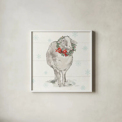 Modern Farmhouse XI Christmas Sq by Anne Tavoletti. Shown in a crisp white glass frame for a clean and minimalist style. Available as an archival giclee rolled canvas, fine art paper, or poster print. SKU 65326a.