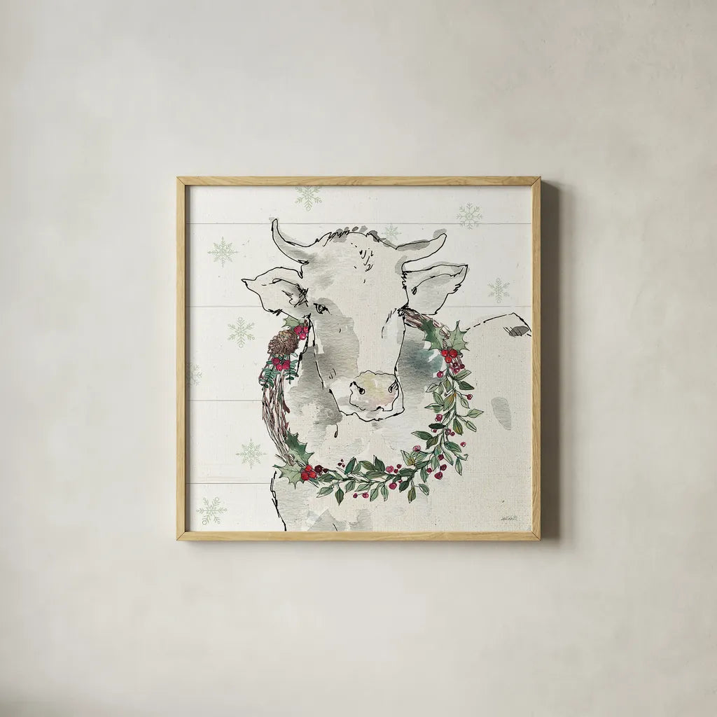 Modern Farmhouse XII Christmas by Anne Tavoletti. Shown in a natural wood glass frame for a timeless modern aesthetic. Available as an archival giclee rolled canvas, fine art paper, or poster print. SKU 48235a.