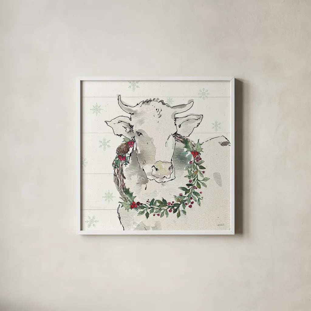 Modern Farmhouse XII Christmas by Anne Tavoletti. Shown in a crisp white glass frame for a clean and minimalist style. Available as an archival giclee rolled canvas, fine art paper, or poster print. SKU 48235a.