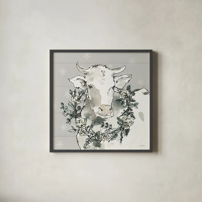 Modern Farmhouse XII Snowflakes by Anne Tavoletti. Shown in a sleek black glass frame for a contemporary gallery look. Available as an archival giclee rolled canvas, fine art paper, or poster print. SKU 49235a.