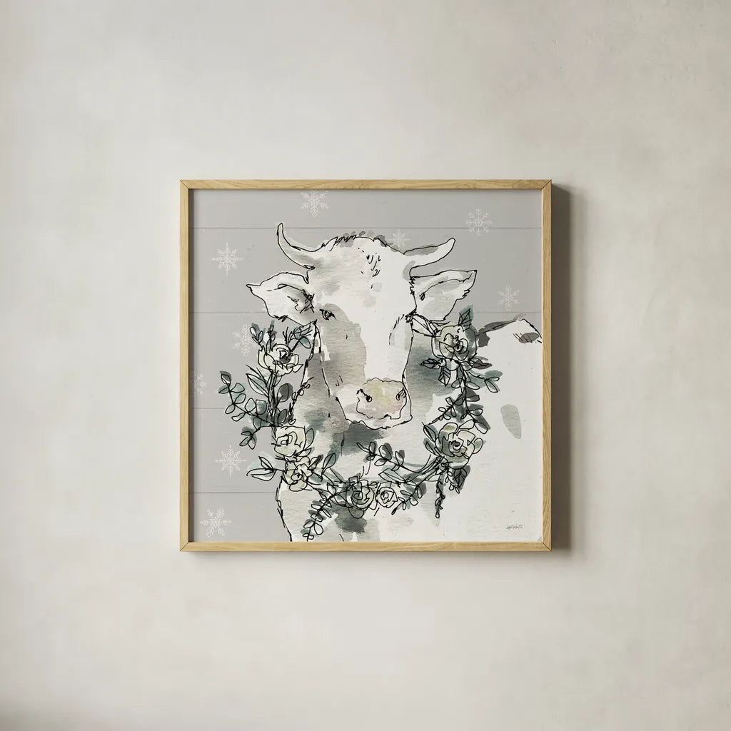 Modern Farmhouse XII Snowflakes by Anne Tavoletti. Shown in a natural wood glass frame for a timeless modern aesthetic. Available as an archival giclee rolled canvas, fine art paper, or poster print. SKU 49235a.
