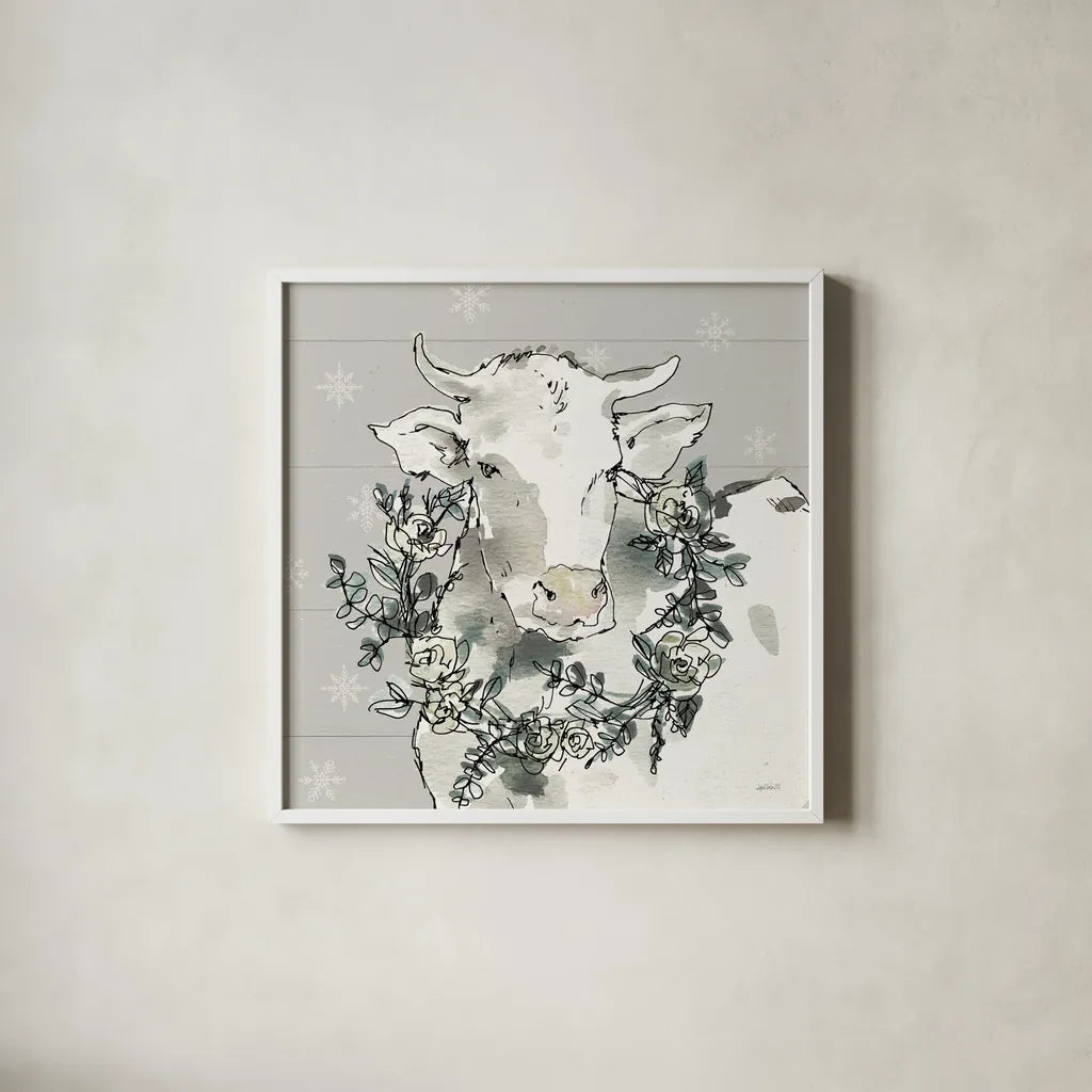 Modern Farmhouse XII Snowflakes by Anne Tavoletti. Shown in a crisp white glass frame for a clean and minimalist style. Available as an archival giclee rolled canvas, fine art paper, or poster print. SKU 49235a.