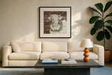 Modern Farmhouse XII Walnut by Anne Tavoletti. Displayed in a glass frame with matte in a clean modern living room. Available as an archival giclee rolled canvas, fine art paper, or poster print. SKU 57901a.