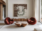 Modern Farmhouse XII Walnut by Anne Tavoletti. Shown as extra-large giant wall art in a modern living room. Available as an archival giclee rolled canvas, fine art paper, or poster print. SKU 57901a.