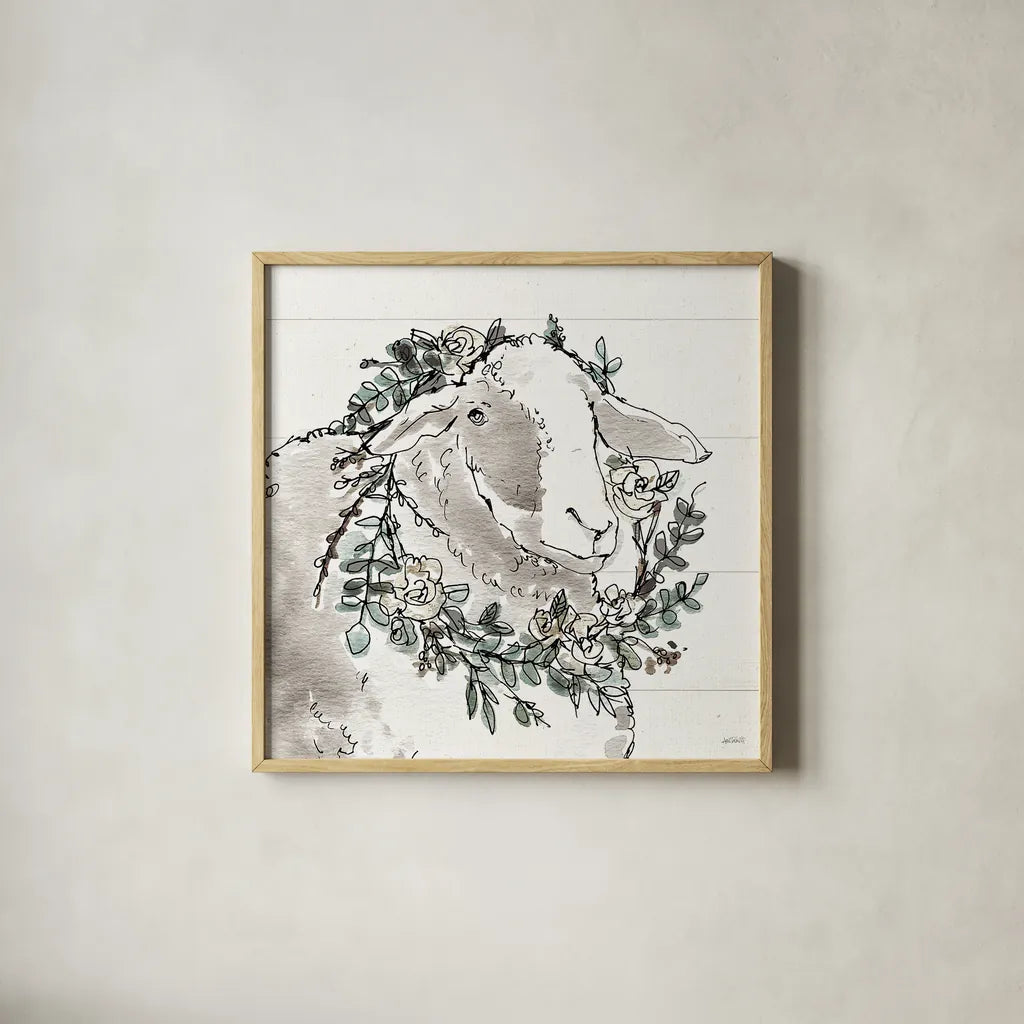Modern Farmhouse XIII by Anne Tavoletti. Shown in a natural wood glass frame for a timeless modern aesthetic. Available as an archival giclee rolled canvas, fine art paper, or poster print. SKU 47346a.