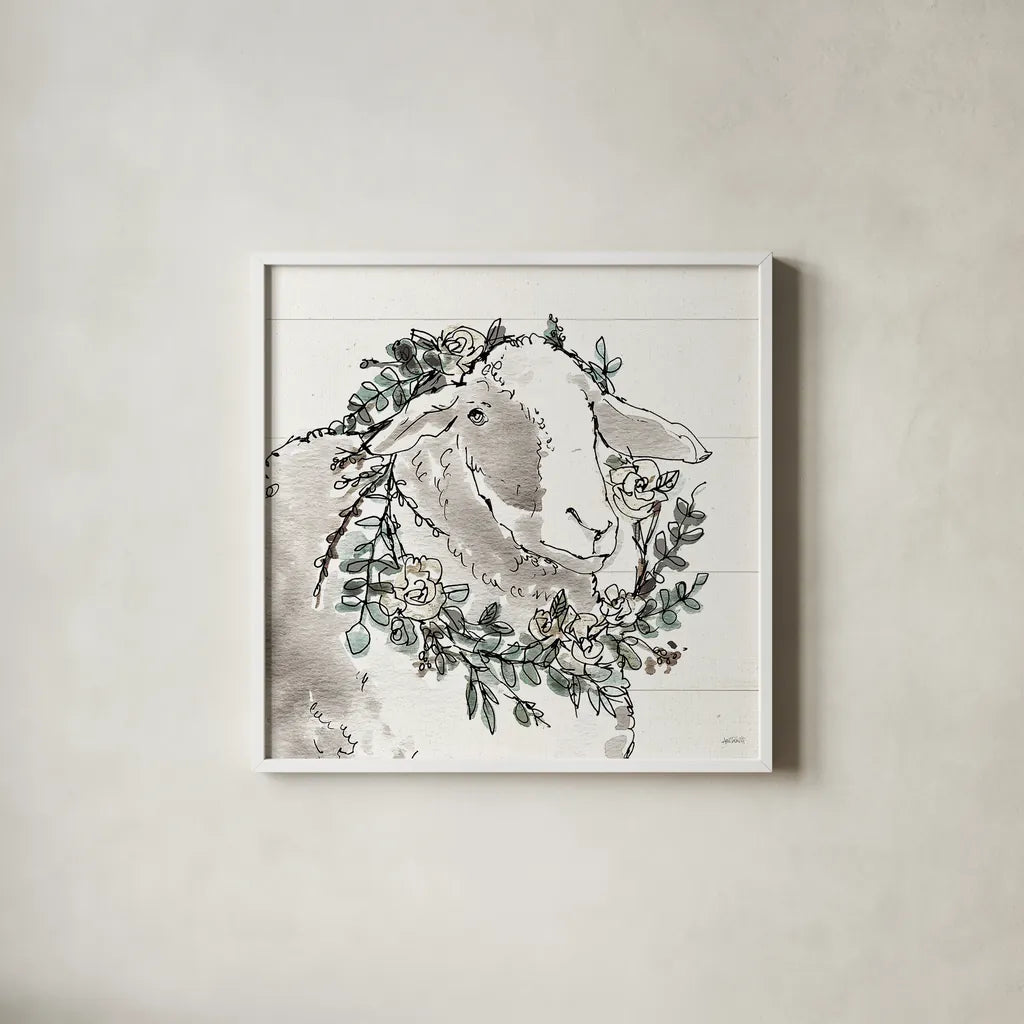 Modern Farmhouse XIII by Anne Tavoletti. Shown in a crisp white glass frame for a clean and minimalist style. Available as an archival giclee rolled canvas, fine art paper, or poster print. SKU 47346a.