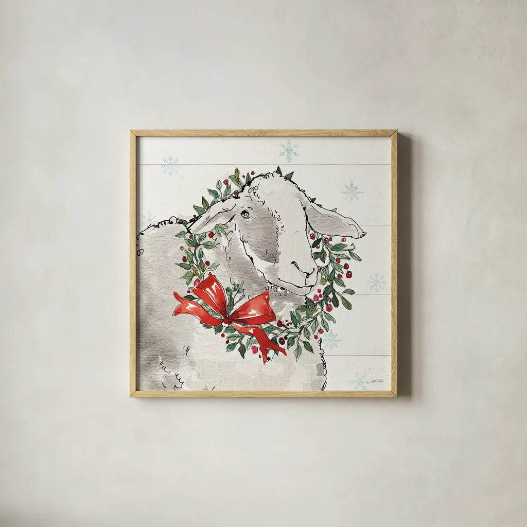 Modern Farmhouse XIII Christmas by Anne Tavoletti. Shown in a natural wood glass frame for a timeless modern aesthetic. Available as an archival giclee rolled canvas, fine art paper, or poster print. SKU 48236a.