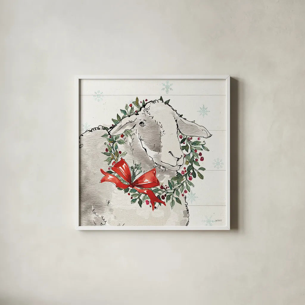 Modern Farmhouse XIII Christmas by Anne Tavoletti. Shown in a crisp white glass frame for a clean and minimalist style. Available as an archival giclee rolled canvas, fine art paper, or poster print. SKU 48236a.