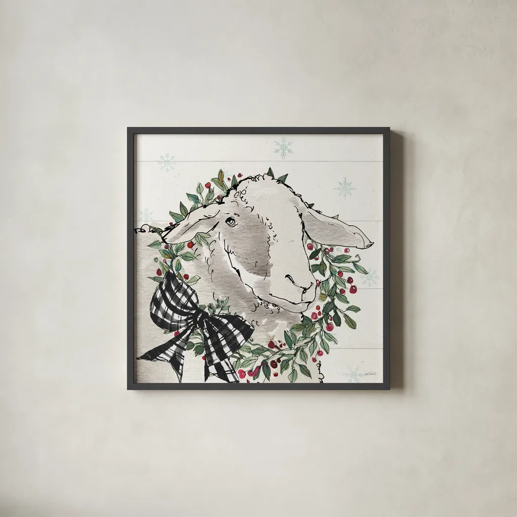 Modern Farmhouse XIII Christmas by Anne Tavoletti. Shown in a sleek black glass frame for a contemporary gallery look. Available as an archival giclee rolled canvas, fine art paper, or poster print. SKU 57980a.