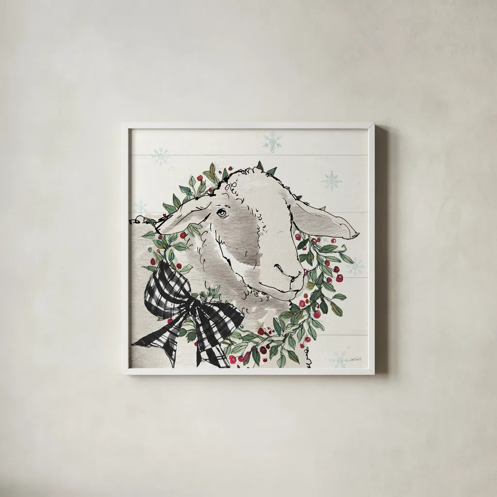 Modern Farmhouse XIII Christmas by Anne Tavoletti. Shown in a crisp white glass frame for a clean and minimalist style. Available as an archival giclee rolled canvas, fine art paper, or poster print. SKU 57980a.