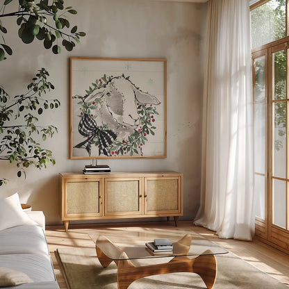 Modern Farmhouse XIII Christmas by Anne Tavoletti. Shown in a natural wood frame in a cozy modern living room. Available as an archival giclee rolled canvas, fine art paper, or poster print. SKU 57980a.