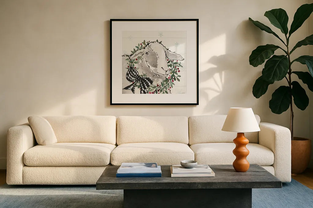 Modern Farmhouse XIII Christmas by Anne Tavoletti. Displayed in a glass frame with matte in a clean modern living room. Available as an archival giclee rolled canvas, fine art paper, or poster print. SKU 57980a.