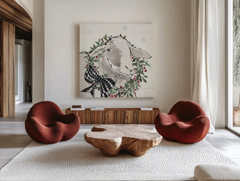 Modern Farmhouse XIII Christmas by Anne Tavoletti. Shown as extra-large giant wall art in a modern living room. Available as an archival giclee rolled canvas, fine art paper, or poster print. SKU 57980a.