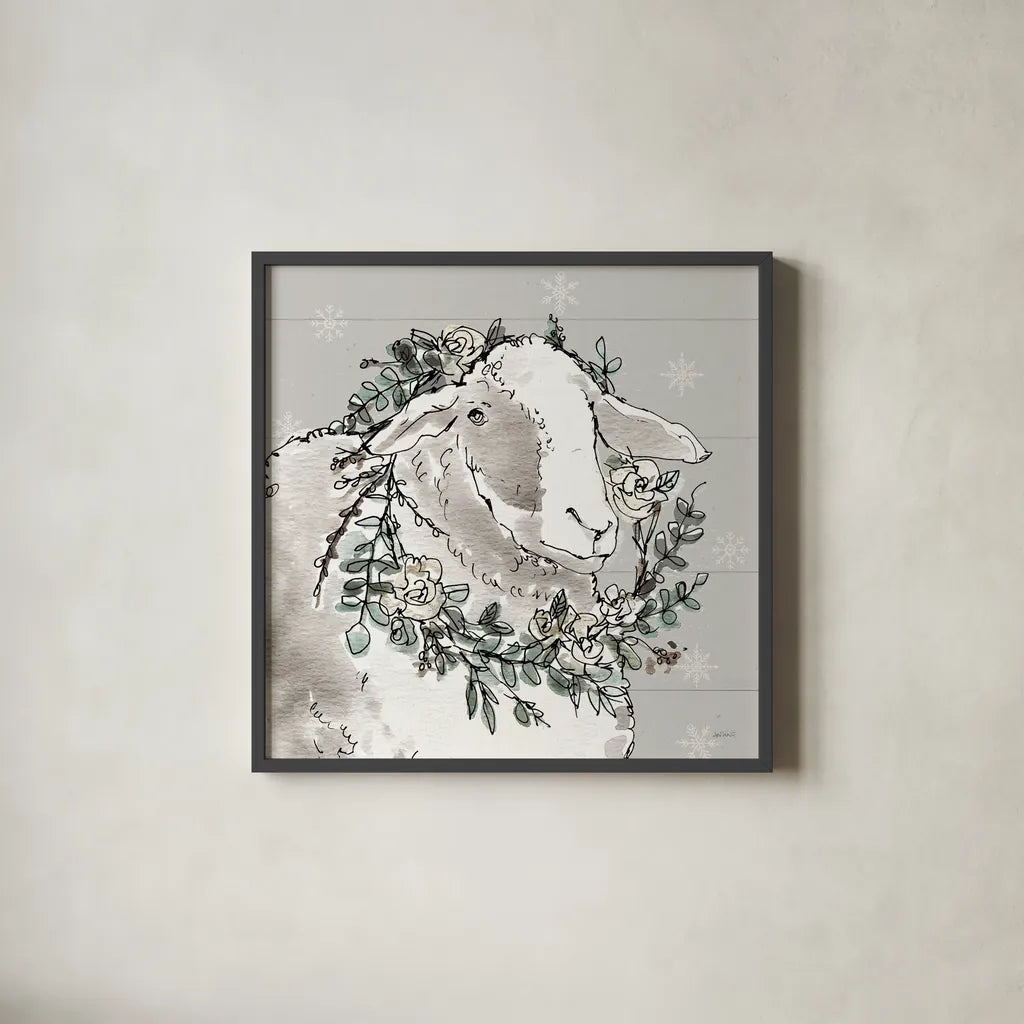 Modern Farmhouse XIII Snowflakes by Anne Tavoletti. Shown in a sleek black glass frame for a contemporary gallery look. Available as an archival giclee rolled canvas, fine art paper, or poster print. SKU 49236a.