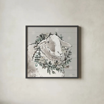 Modern Farmhouse XIII Snowflakes by Anne Tavoletti. Shown in a sleek black glass frame for a contemporary gallery look. Available as an archival giclee rolled canvas, fine art paper, or poster print. SKU 49236a.