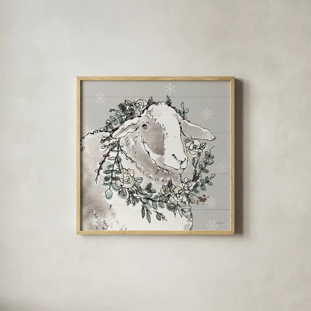 Modern Farmhouse XIII Snowflakes by Anne Tavoletti. Shown in a natural wood glass frame for a timeless modern aesthetic. Available as an archival giclee rolled canvas, fine art paper, or poster print. SKU 49236a.