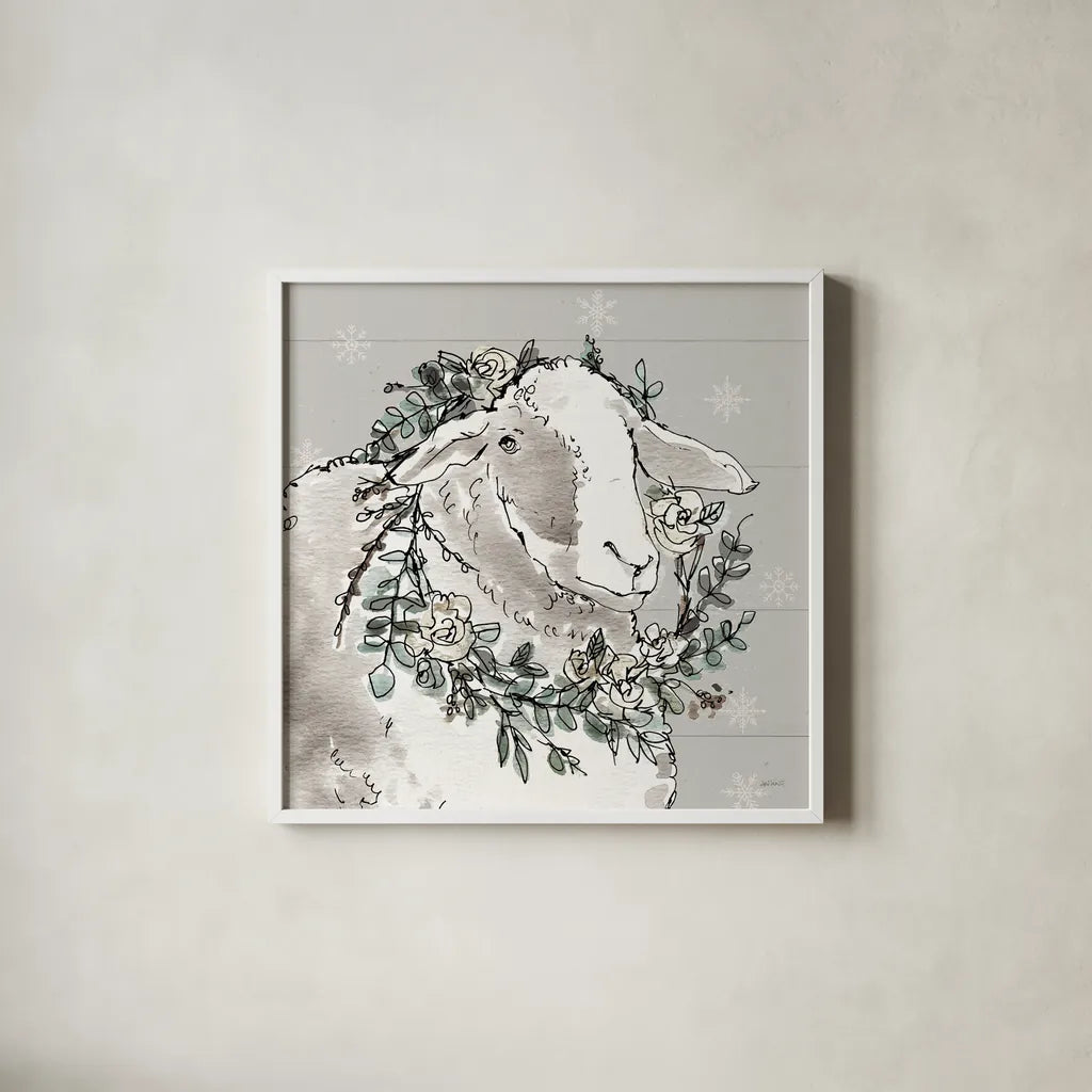 Modern Farmhouse XIII Snowflakes by Anne Tavoletti. Shown in a crisp white glass frame for a clean and minimalist style. Available as an archival giclee rolled canvas, fine art paper, or poster print. SKU 49236a.