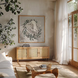 Modern Farmhouse XIII Snowflakes by Anne Tavoletti. Shown in a natural wood frame in a cozy modern living room. Available as an archival giclee rolled canvas, fine art paper, or poster print. SKU 49236a.