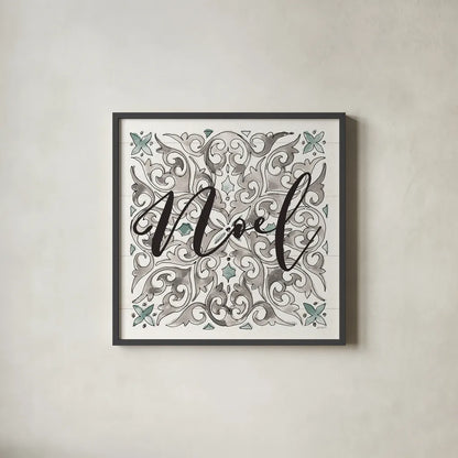 Modern Farmhouse XVI Noel by Anne Tavoletti. Shown in a sleek black glass frame for a contemporary gallery look. Available as an archival giclee rolled canvas, fine art paper, or poster print. SKU 49238a.