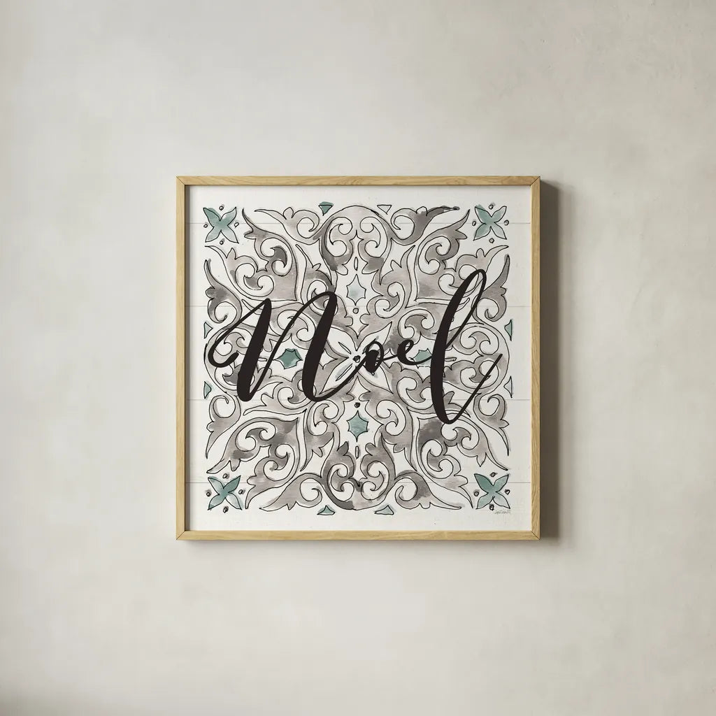 Modern Farmhouse XVI Noel by Anne Tavoletti. Shown in a natural wood glass frame for a timeless modern aesthetic. Available as an archival giclee rolled canvas, fine art paper, or poster print. SKU 49238a.