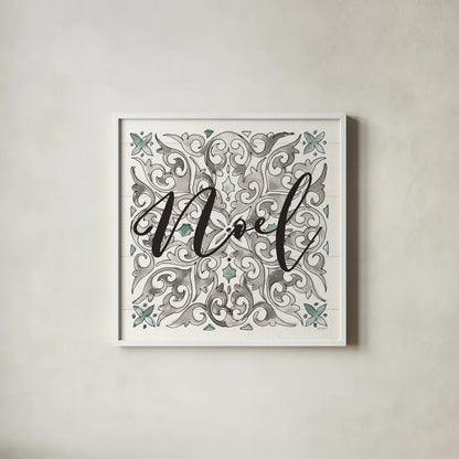 Modern Farmhouse XVI Noel by Anne Tavoletti. Shown in a crisp white glass frame for a clean and minimalist style. Available as an archival giclee rolled canvas, fine art paper, or poster print. SKU 49238a.