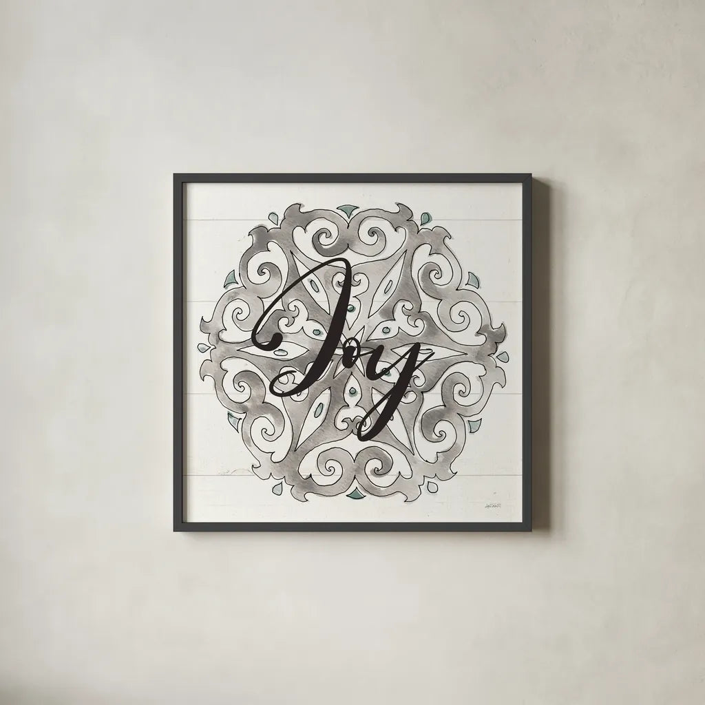 Modern Farmhouse XVII Joy by Anne Tavoletti. Shown in a sleek black glass frame for a contemporary gallery look. Available as an archival giclee rolled canvas, fine art paper, or poster print. SKU 49239a.
