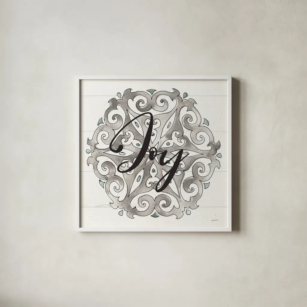 Modern Farmhouse XVII Joy by Anne Tavoletti. Shown in a crisp white glass frame for a clean and minimalist style. Available as an archival giclee rolled canvas, fine art paper, or poster print. SKU 49239a.