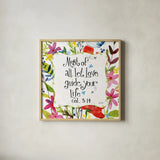 Most of All Floral by Anne Tavoletti. Shown in a natural wood glass frame for a timeless modern aesthetic. Available as an archival giclee rolled canvas, fine art paper, or poster print. SKU 59323a.