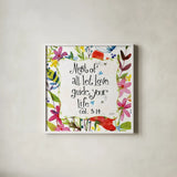 Most of All Floral by Anne Tavoletti. Shown in a crisp white glass frame for a clean and minimalist style. Available as an archival giclee rolled canvas, fine art paper, or poster print. SKU 59323a.