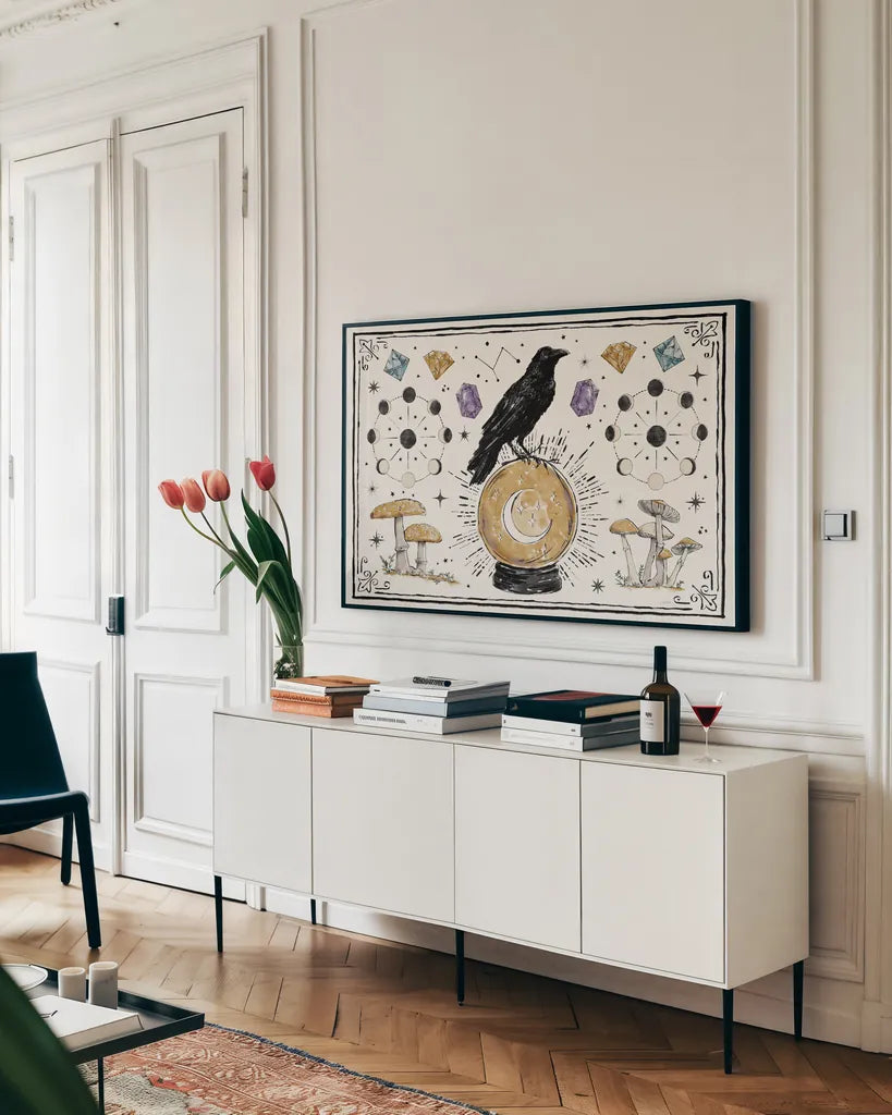 Mystic Moon I by Anne Tavoletti. shown as a framed stretched canvas in a living room above a console. Available as a archival giclee rolled canvas, fine art paper, or poster print. SKU 83354i.