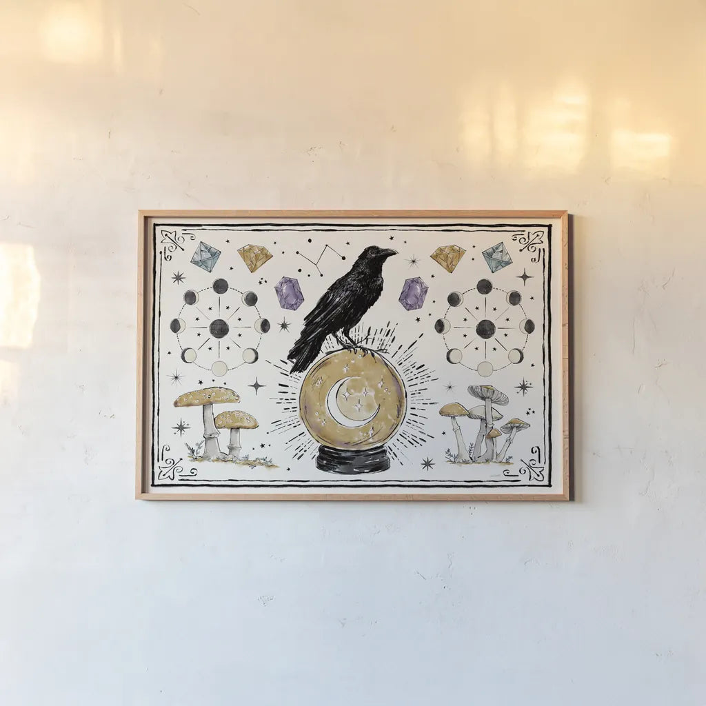 Mystic Moon I by Anne Tavoletti. shown as a paper print in a natural frame. Available as a archival giclee rolled canvas, fine art paper, or poster print. SKU 83354i.