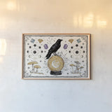 Mystic Moon I by Anne Tavoletti. shown as a paper print in a natural frame. Available as a archival giclee rolled canvas, fine art paper, or poster print. SKU 83354i.