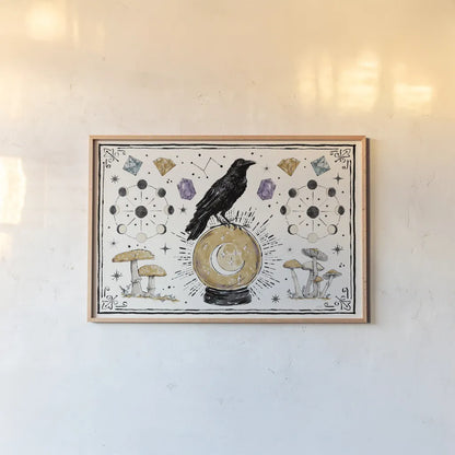 Mystic Moon I by Anne Tavoletti. shown as a paper print in a natural frame. Available as a archival giclee rolled canvas, fine art paper, or poster print. SKU 83354i.