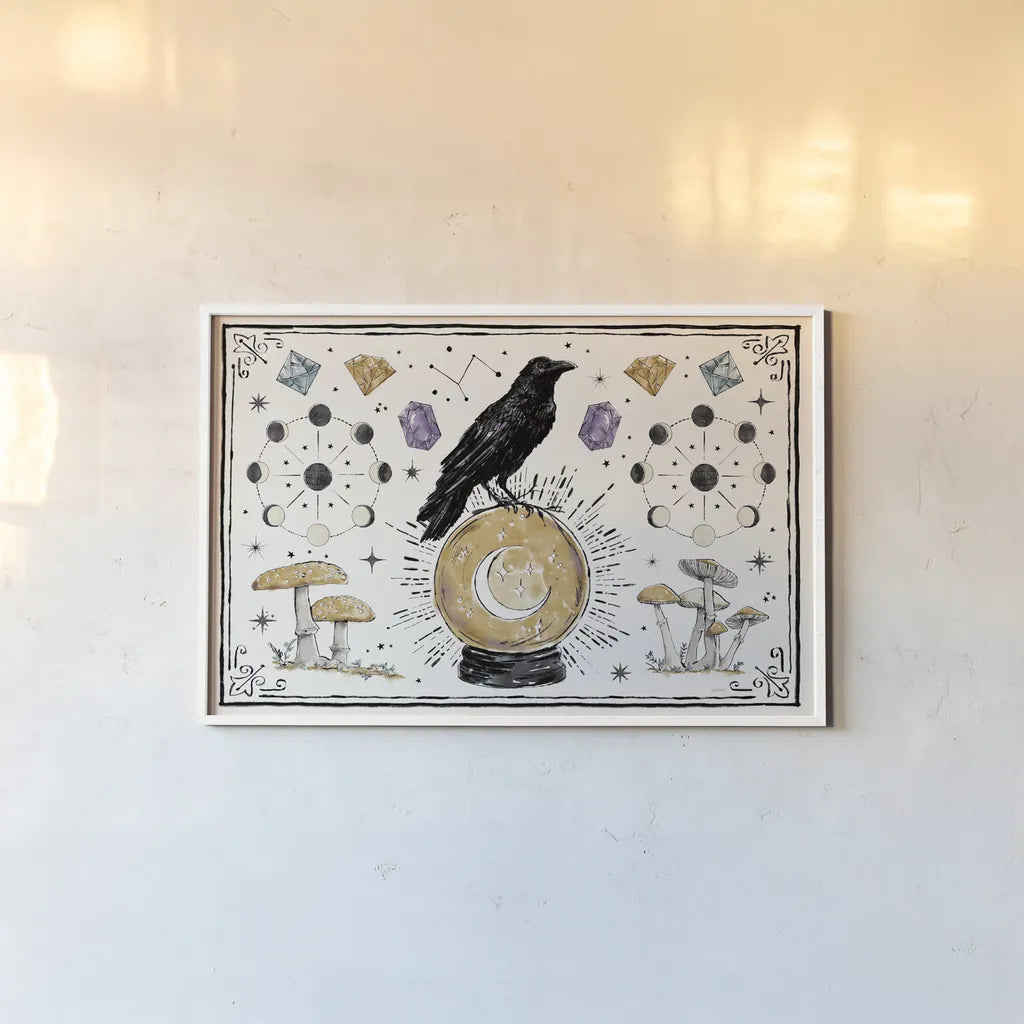 Mystic Moon I by Anne Tavoletti. shown as a paper print in a white frame. Available as a archival giclee rolled canvas, fine art paper, or poster print. SKU 83354i.