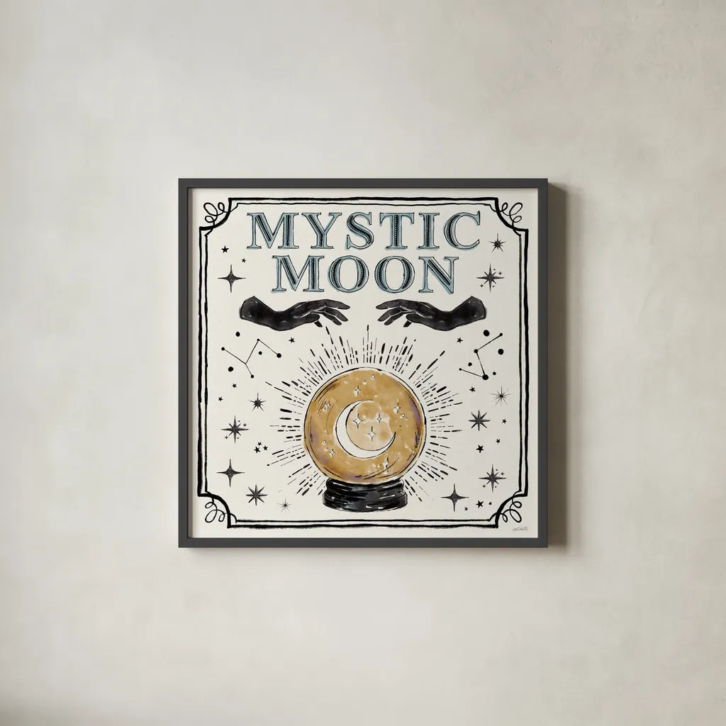 Mystic Moon IV by Anne Tavoletti. Shown in a sleek black glass frame for a contemporary gallery look. Available as an archival giclee rolled canvas, fine art paper, or poster print. SKU 83357a.