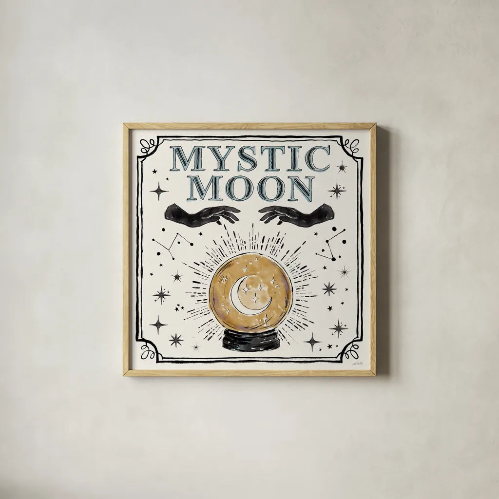 Mystic Moon IV by Anne Tavoletti. Shown in a natural wood glass frame for a timeless modern aesthetic. Available as an archival giclee rolled canvas, fine art paper, or poster print. SKU 83357a.