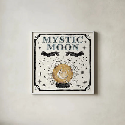 Mystic Moon IV by Anne Tavoletti. Shown in a crisp white glass frame for a clean and minimalist style. Available as an archival giclee rolled canvas, fine art paper, or poster print. SKU 83357a.