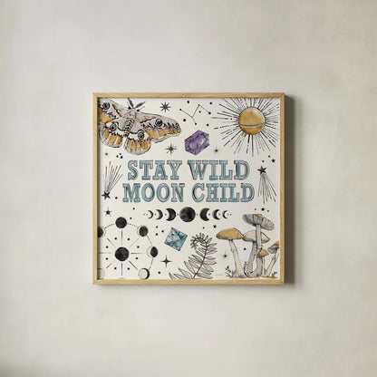 Mystic Moon IX by Anne Tavoletti. Shown in a natural wood glass frame for a timeless modern aesthetic. Available as an archival giclee rolled canvas, fine art paper, or poster print. SKU 83362a.