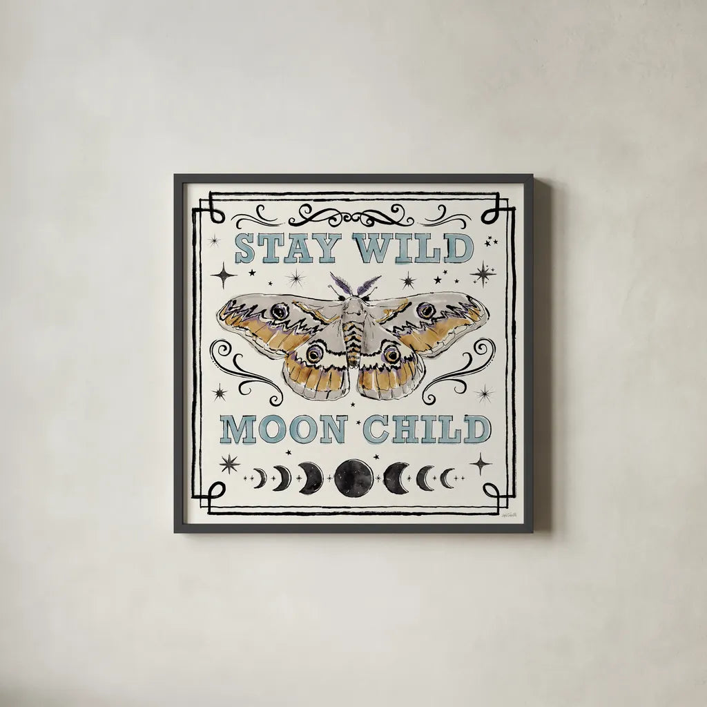 Mystic Moon V by Anne Tavoletti. Shown in a sleek black glass frame for a contemporary gallery look. Available as an archival giclee rolled canvas, fine art paper, or poster print. SKU 83358a.